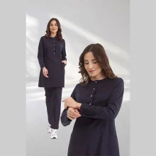 ست تونیک شلوار یقه گرد آستین زیپدار جنس لوکس لیکرا_سورمه ای تیره