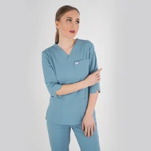 ست تونیک شلوار آستین ۳ربع جنس کتان لیکرا_آبی