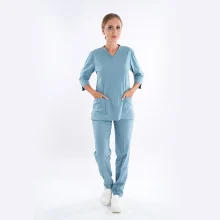 ست تونیک شلوار آستین ۳ربع جنس کتان لیکرا_آبی